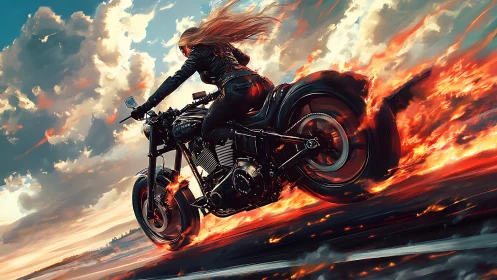 Flaming wheels carve a burning horizon beneath stormy skies