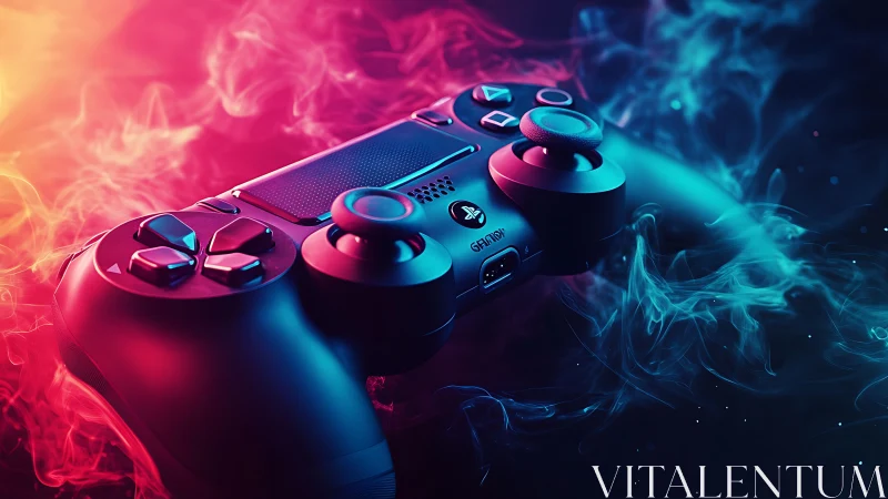 Neon-lit game controller rests in swirling cinematic smoke