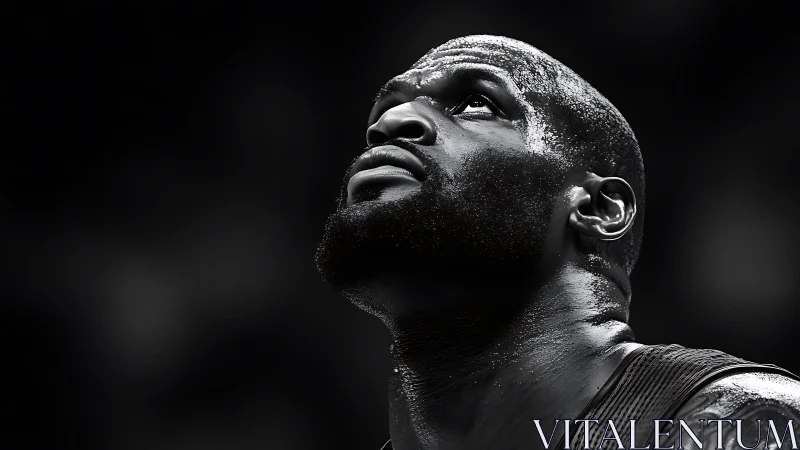 Sweat-lit titan gazes skyward in stark arena chiaroscuro.