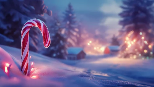 Macro candy cane in snowy twilight with festive bokeh village