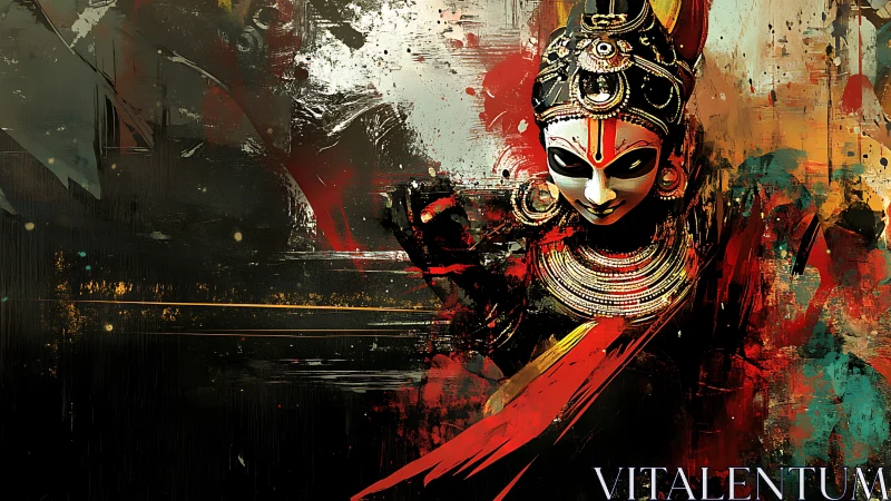 Vibrant goddess mask emerges from chaotic abstract color storm