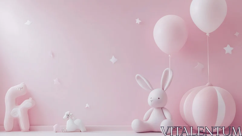 Children’s room wall shows pink toys, balloons and shapes