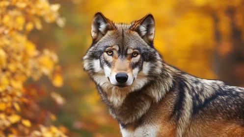 Amber-eyed forest wolf holds autumn’s golden gaze