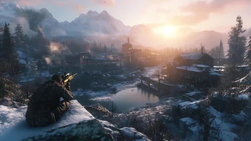 Armed observer positioned at mountain overlook above industrial settlement.