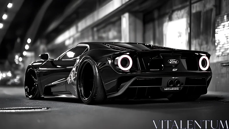 Midnight Ford GT prowl under neon-soaked city overpass.
