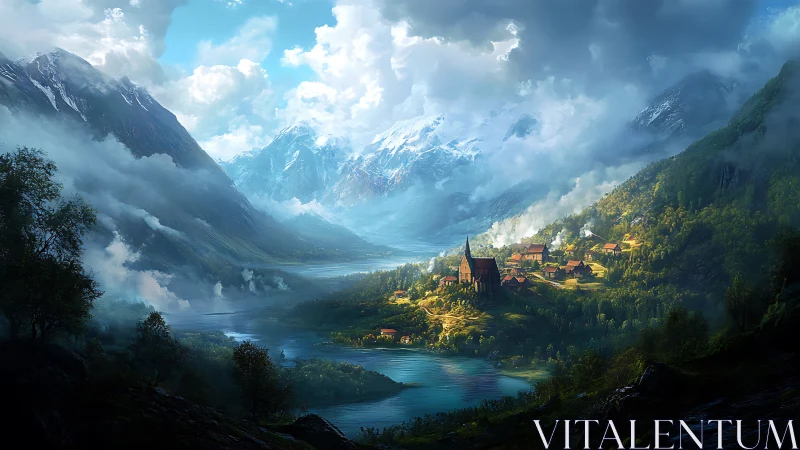 Mountain valley village sits beside reflective blue lake