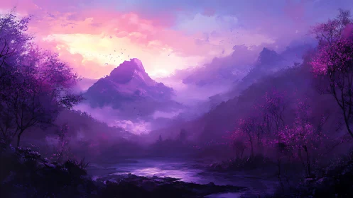 Digital landscape depicts purple valley with distant mountains