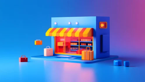 3D Illustration of Colorful Storefront with Shopping Bags in Modern Style.