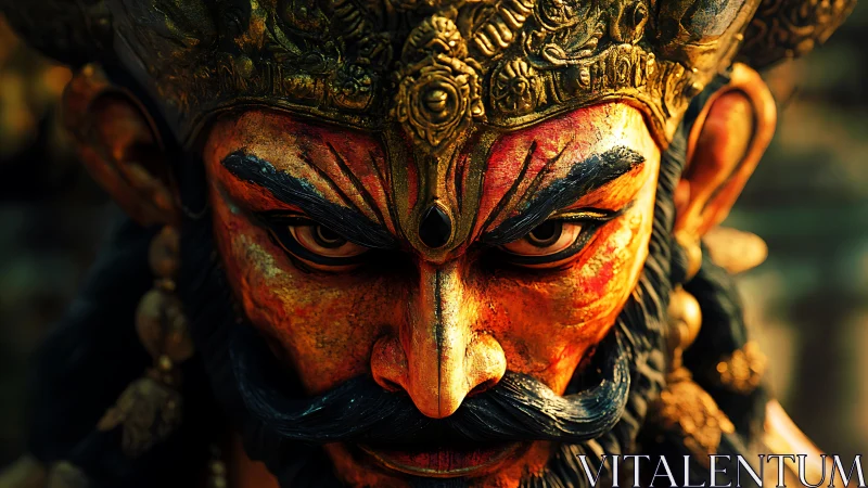 Gilded mythic warrior mask close-up with intense directional light