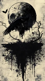 Monochrome moon, crow and dripping ink silhouette composition.