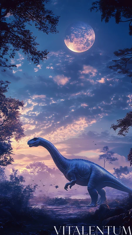 Large sauropod dinosaur moves through forest under full moon