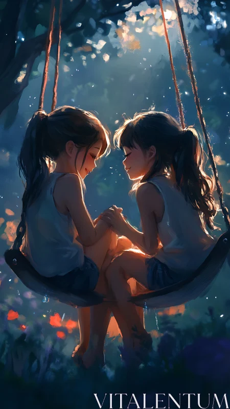 Sunlit forest swing with two girls sharing quiet bond.