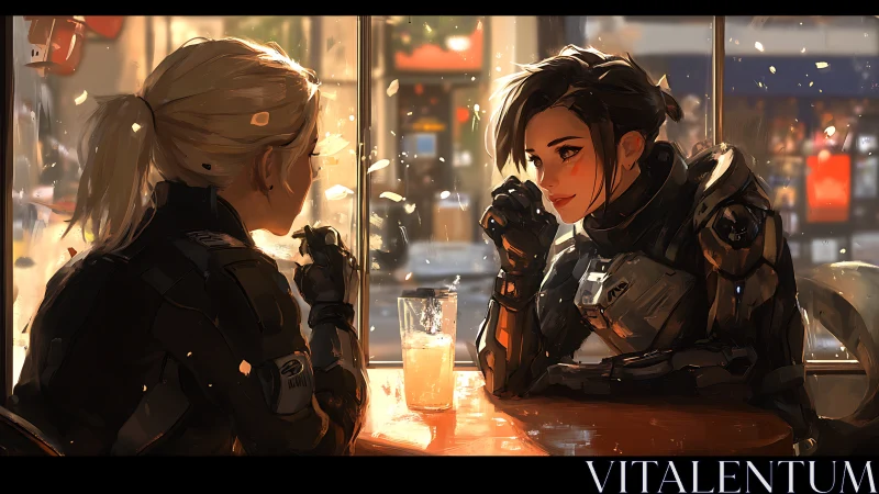 Armored operatives in tactical exosuits sharing quiet café interlude.