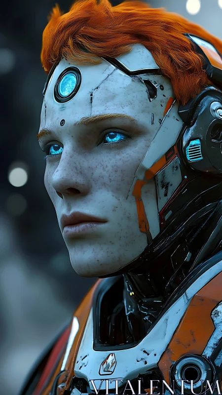 Cyborg pilot with luminous blue eyes studies distant horizon