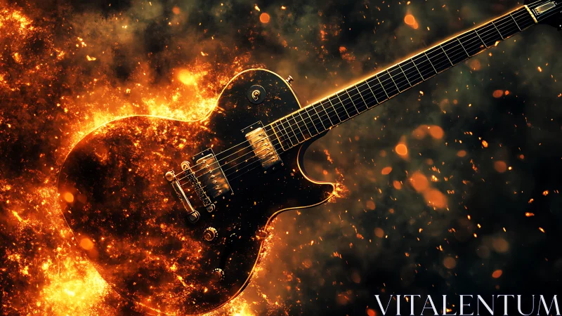 Electric guitar blazes through swirling fire and sparks