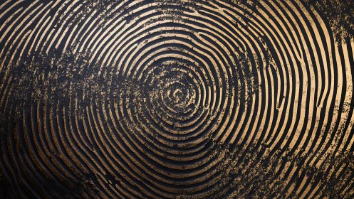 Metallic gold fingerprint rings on worn dark surface.