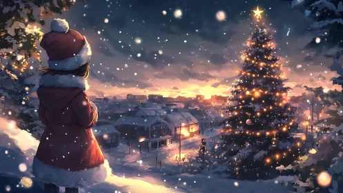 Girl observing illuminated Christmas tree at snowy dusk.