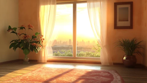Photorealistic sunlit interior with cityview window framing.