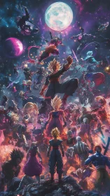 Multiple anime fighters confront in layered cosmic battleground