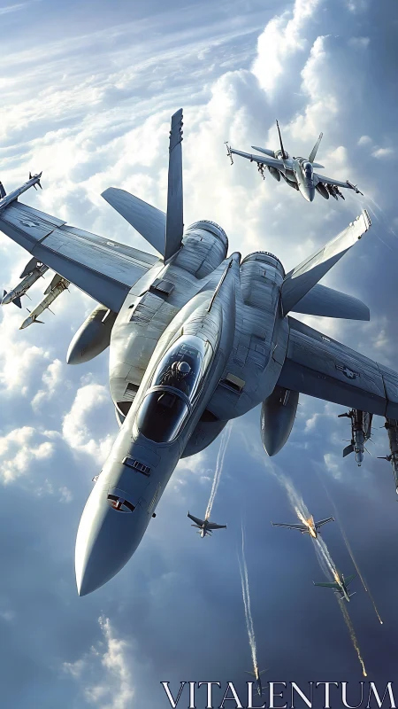 Sky-slicing fighter squadron dives through stormlit clouds.