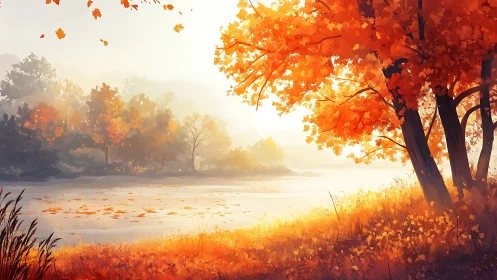 Golden autumn trees glow beside a tranquil misty lake