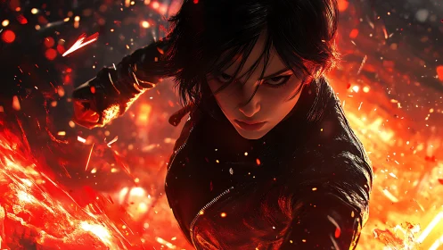 Firelit warrior hurtles forward through a storm of sparks