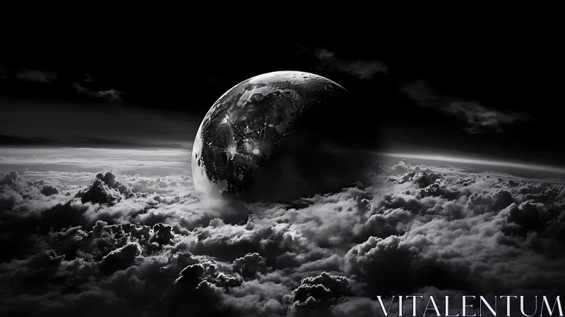 Midnight planet rising above storm-forged cosmic clouds.