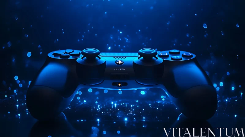 Blue illuminated game controller on abstract bokeh field.