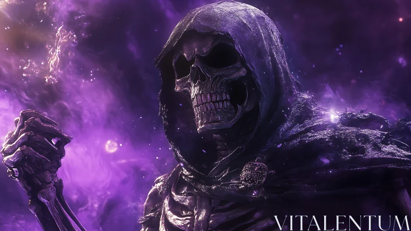Necrotic void wraith in luminescent violet particle storm.