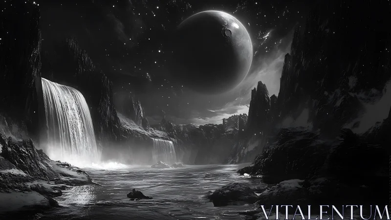 Monochrome alien waterfalls under looming fractured moon
