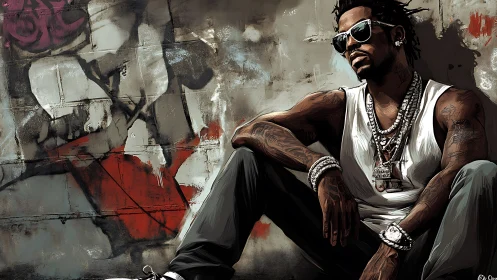 Urban portrait shows tattooed man against distressed graffiti wall