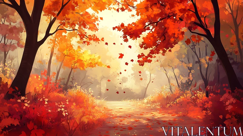 Autumnal Forest Corridor: Luminous Maple Canopy with Falling Foliage.