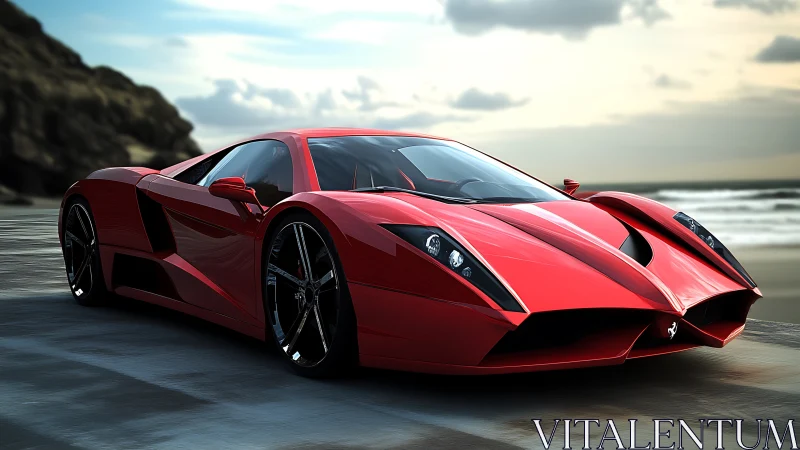 Photorealistic coastal supercar render with dynamic lighting.