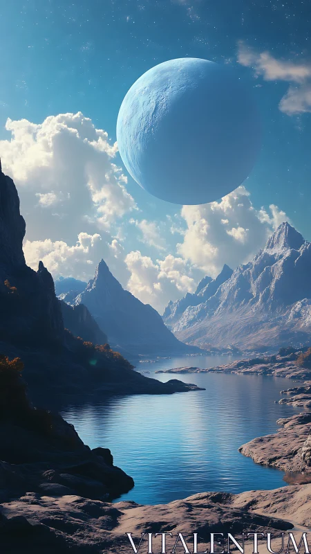 Exoplanet horizon over glacial fjord with atmospheric scattering.