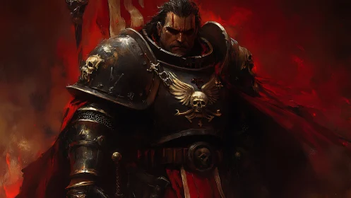 Grimdark power-armored warrior in skull sigil plate amid fire