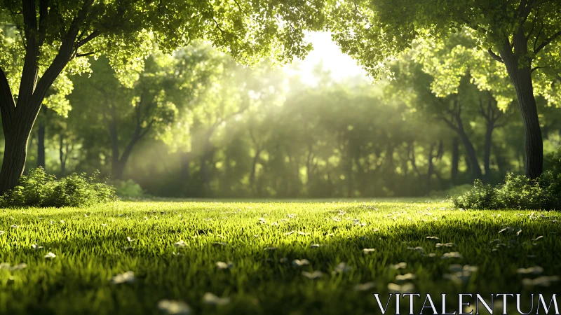 Sunlit forest clearing with lush green grass and trees.