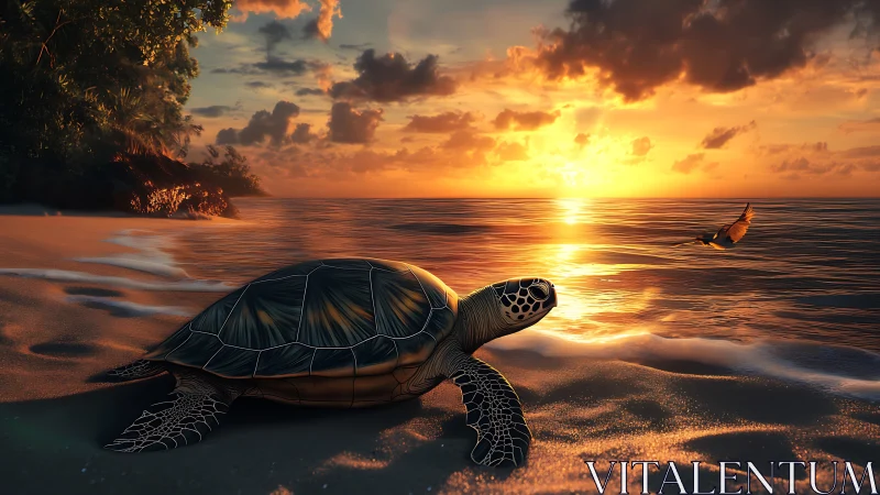 Gentle sea turtle resting on a golden sunset shoreline.