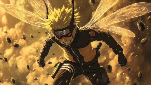 Blond anime warrior with insect wings in golden clouds.