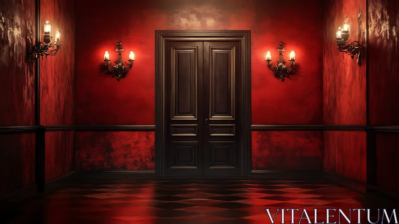 Symmetrical red corridor with central paneled door and sconces
