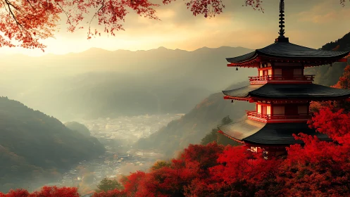 Digital painting of autumn pagoda above misty mountain valley.