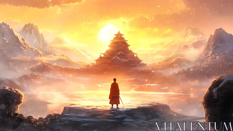Sunlit mountain temple and lone wanderer in golden mist.
