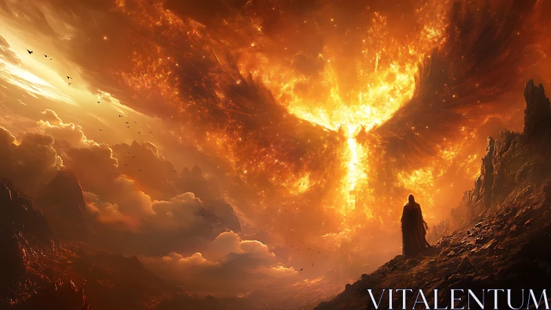 Cloaked wanderer watches colossal phoenix blaze across sky