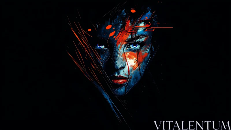 Neon-lit female portrait uses high-contrast strokes and digital glitch overlays