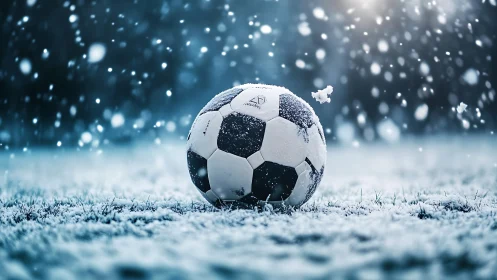 Snow covered soccer ball resting on frozen grass field.