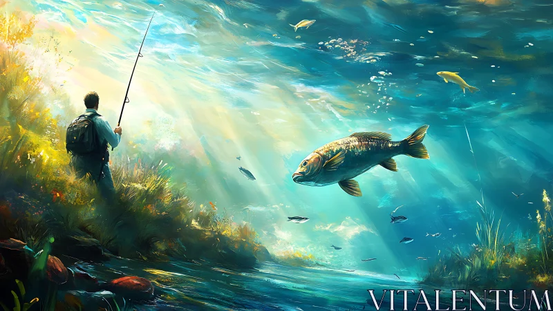 Angler beside riverbank watching luminous underwater world.