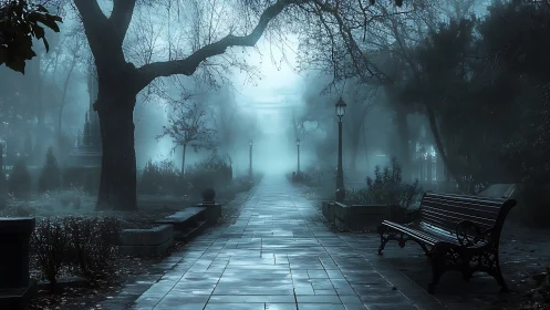 Misty evening stroll through a quiet, dreamlike city park.