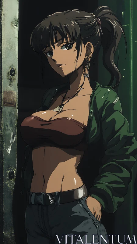 Female anime figure in urban doorway with casual attire.