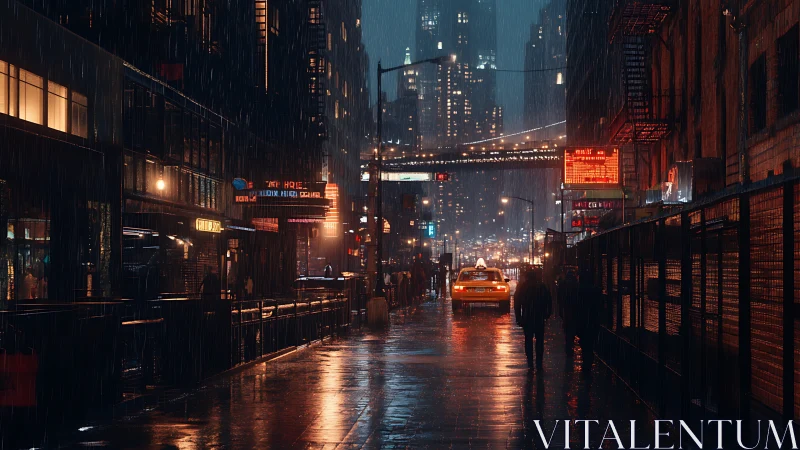 Rain soaked city street with neon lights and taxi at night.