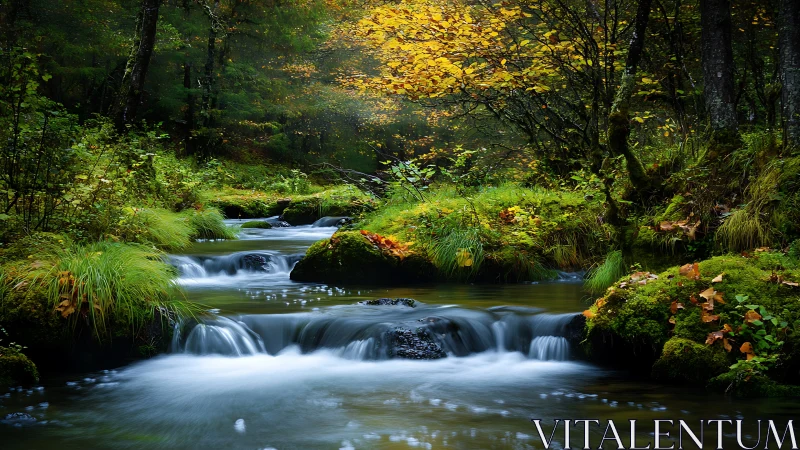 Whispering forest stream braids autumn light through moss