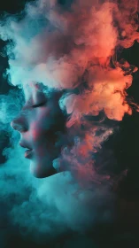 Dreamlike profile dissolving into teal and ember smoke.